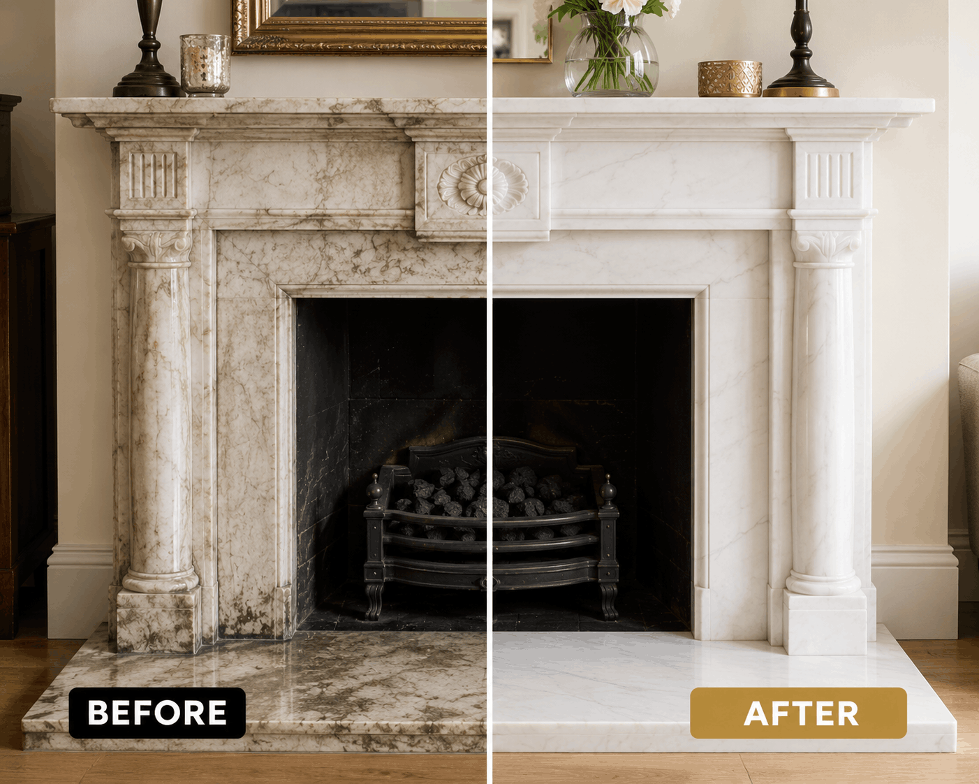 Marble fireplace before and after restoration - London
