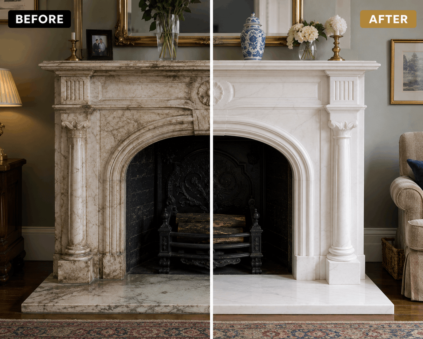 Marble fireplace before and after restoration - London
