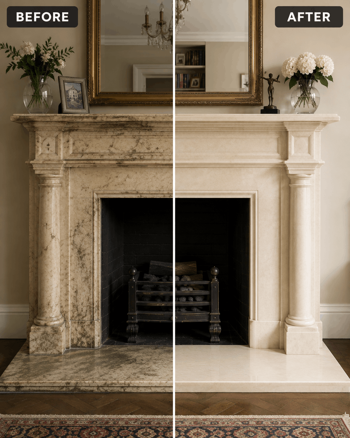 Marble fireplace before and after restoration - London