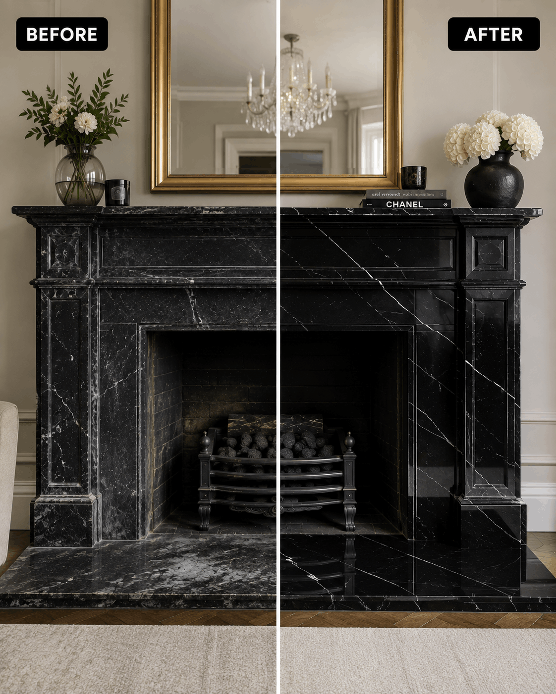 Marble fireplace before and after restoration - London